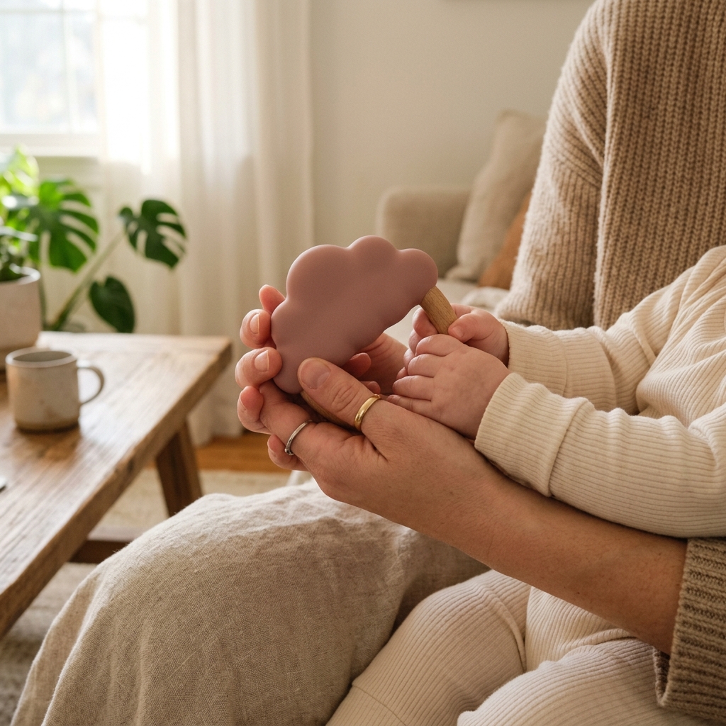 Mother and baby hands holding a silicone toy